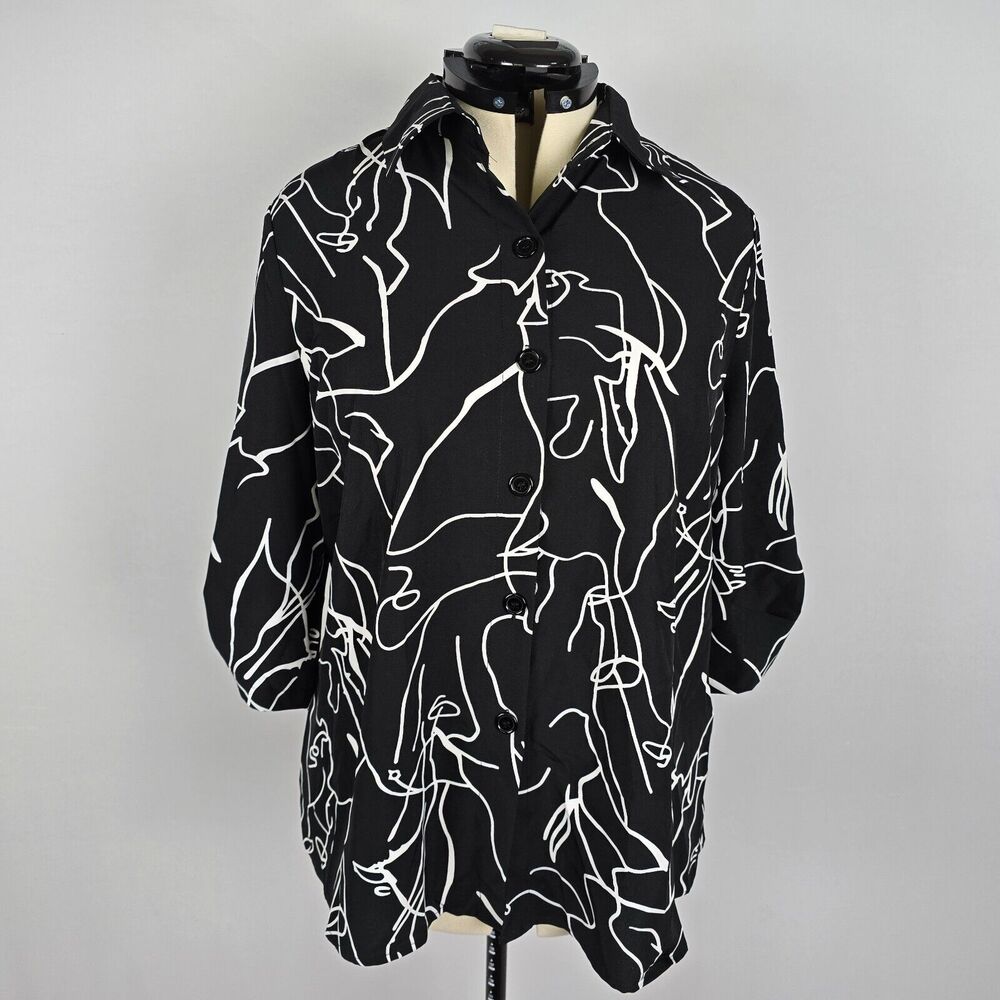 Bloomchic Button Down Blouse Long Tab Sleeve Black White Lines Size L NWT